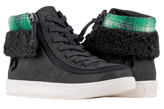 Charcoal BILLY Cuffs high-top shoes with flannel and faux fur cuff, ideal for wide feet, orthotics, diabetes, and plantar fasciitis.