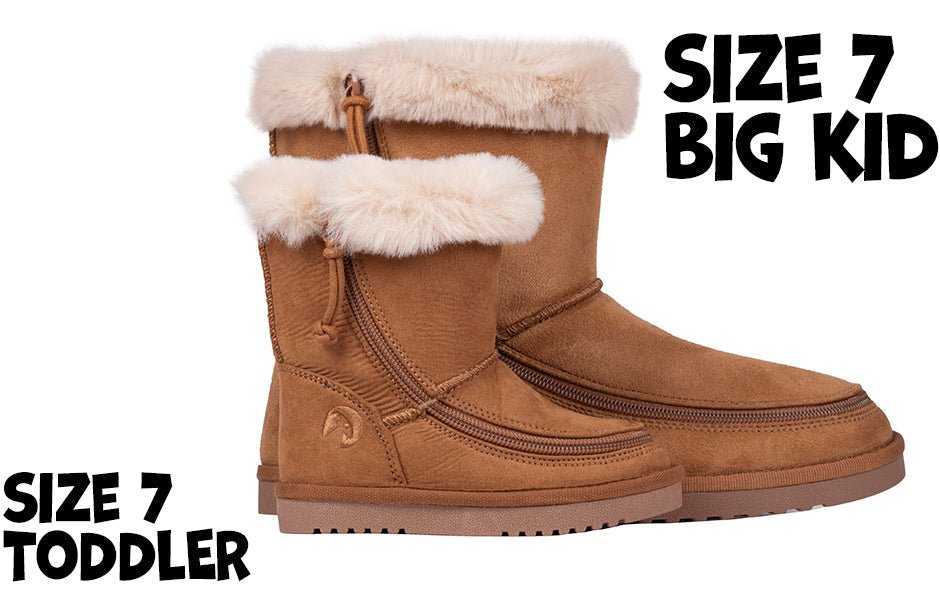 Kids Chestnut BILLY Cozy Boots in faux suede with flannel lining, ideal for wide feet, orthotics, and diabetic foot care. Size 7.