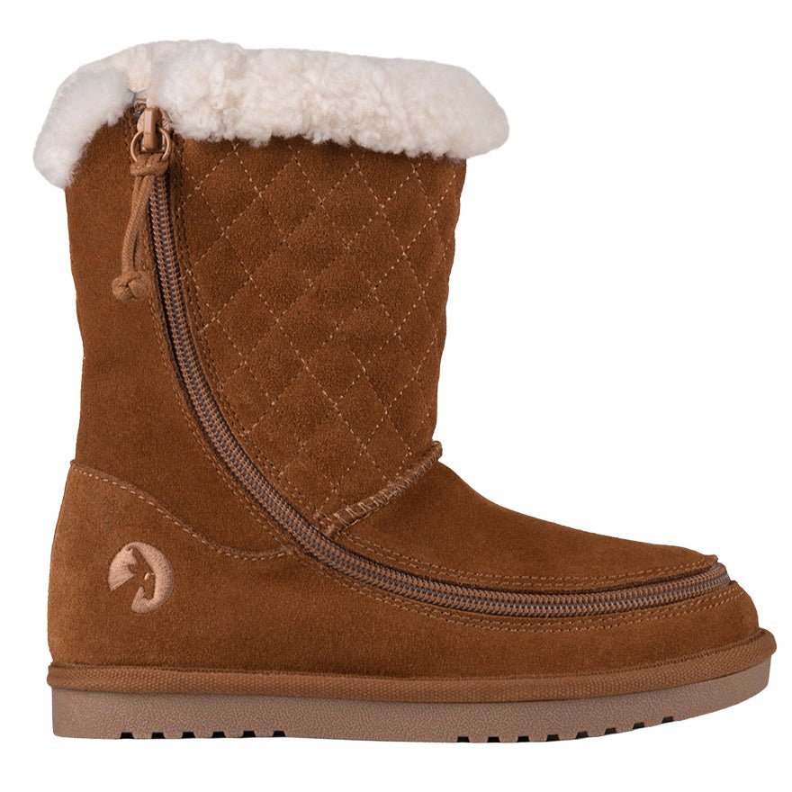 Kids Chestnut BILLY Cozy Quilt Lux Boots with flip-top zipper and quilted details for warmth, suitable for diabetes and wide feet.
