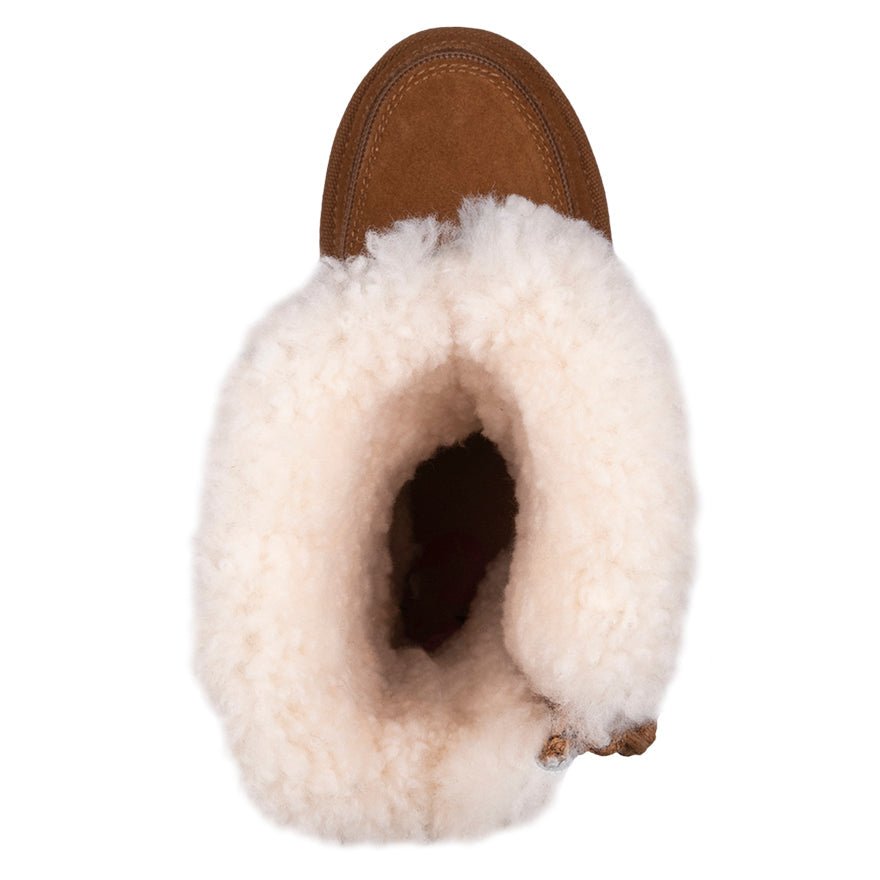 Top view of Kids Chestnut BILLY Cozy Quilt Lux Boot, featuring soft fur lining and flip-top zipper for easy access and extra warmth.