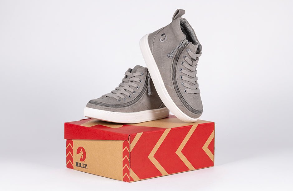 Dark Grey BILLY Classic D|R High Tops on shoe box, ideal for diabetes, plantar fasciitis, bunions, wide feet, and orthotics.
