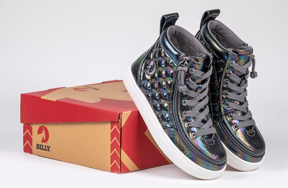 Graphite Rainbow BILLY Classic Quilt High Tops for kids, shoes suitable for diabetes, plantar fasciitis, bunions, and orthotics.