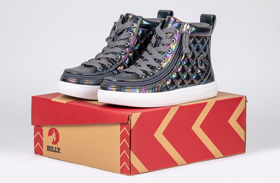 Graphite Rainbow BILLY Classic Quilt High Tops for kids, suitable for diabetes, plantar fasciitis, bunions, wide feet, orthotics.
