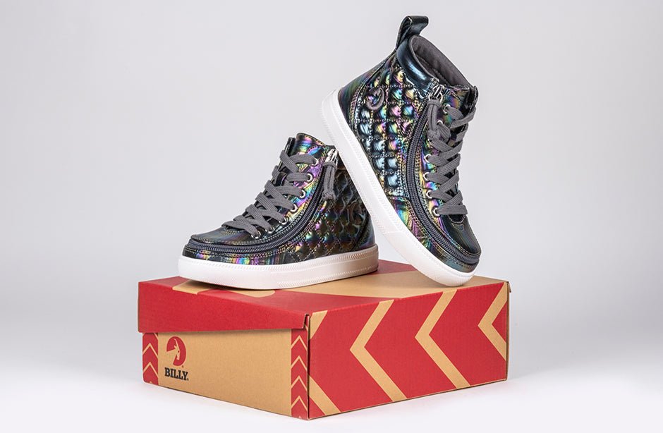 Graphite Rainbow BILLY Classic Quilt High Tops on shoe box, suitable for diabetes, plantar fasciitis, bunions, wide and extra wide feet.