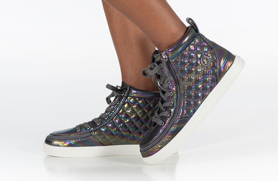 Graphite Rainbow BILLY Classic Quilt High Tops for kids, suitable for diabetes, plantar fasciitis, bunions, wide feet, and orthotics.