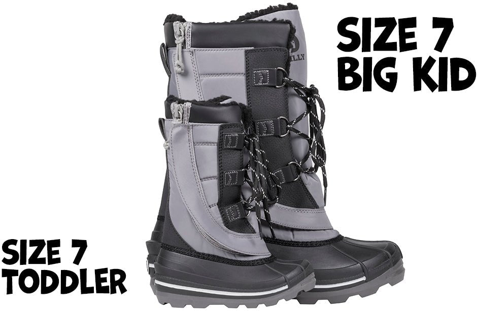Grey BILLY Ice Winter Boots in size 7 for toddlers and big kids, ideal for diabetes, plantar fasciitis, and wide feet.