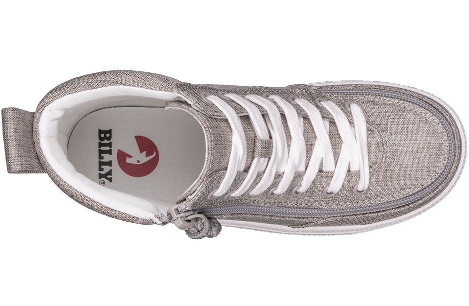 Top view of Grey Jersey BILLY Classic Lace Highs, showing canvas upper and adjustable laces, suitable for wide and orthotic-friendly fitting.