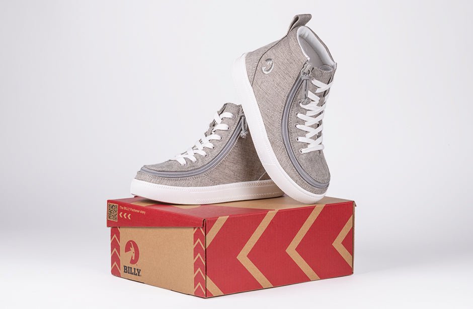 Grey Jersey BILLY Classic Lace Highs shoes on box, ideal for diabetes, plantar fasciitis, bunions, wide feet, and orthotics.