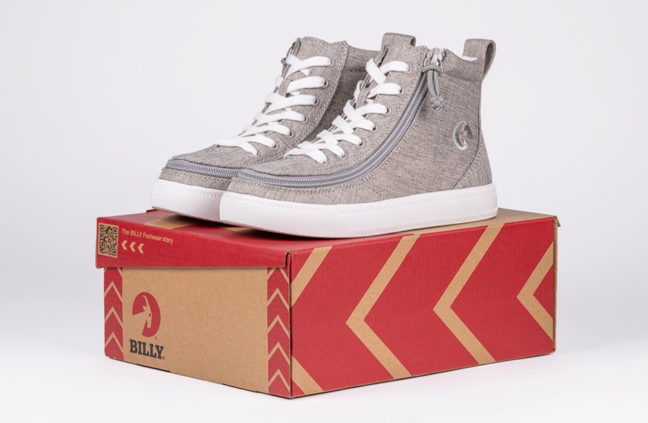 Grey Jersey BILLY Classic Lace Highs on box, ideal shoes for diabetes, plantar fasciitis, bunions, wide feet, orthotics, wheelchair use.