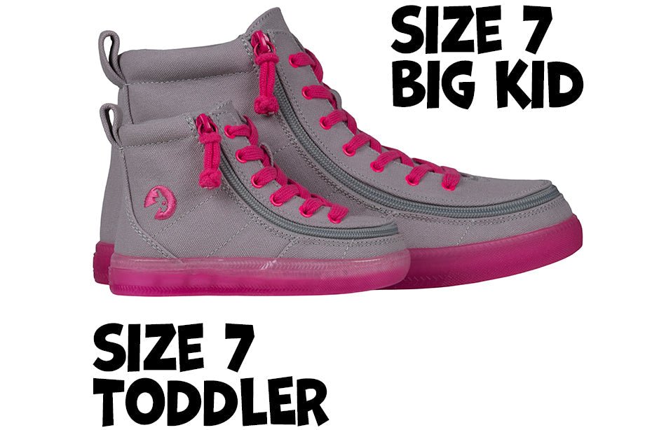 Grey/Pink BILLY Classic Lace High Tops for kids, size 7 toddler and big kid, suitable for diabetes, plantar fasciitis, and orthotics.
