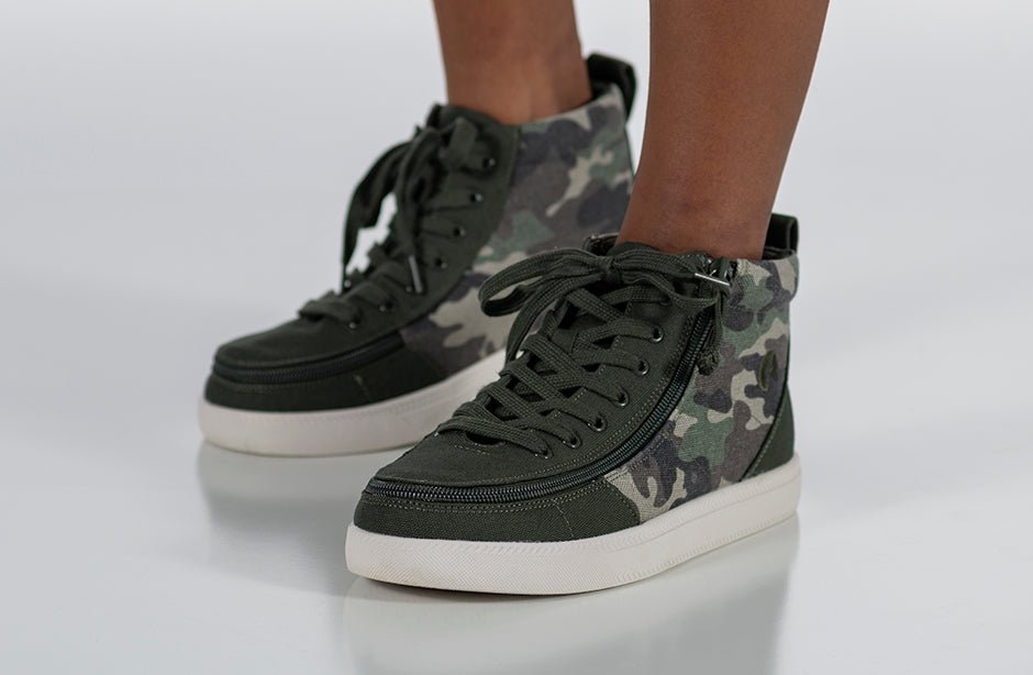 Olive Camo BILLY Classic D|R High Tops with wrap-around zipper, ideal shoes for diabetes, plantar fasciitis, bunions, and orthotics.