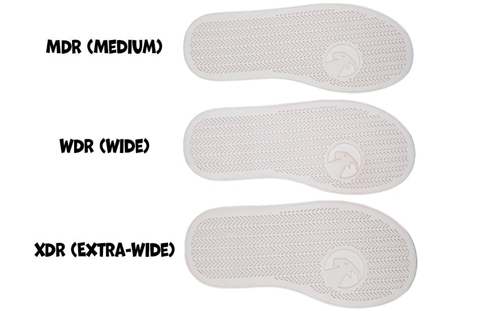 Three shoe sole options demonstrating adaptable widths: MDR (Medium), WDR (Wide), XDR (Extra-Wide) for BILLY High Tops.