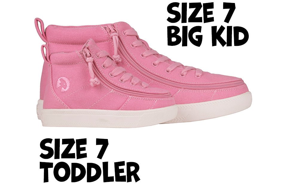 Pink BILLY Classic D|R High Tops, toddler and big kid sizes, with wrap-around zipper for easy access and adaptable fit for wide feet.