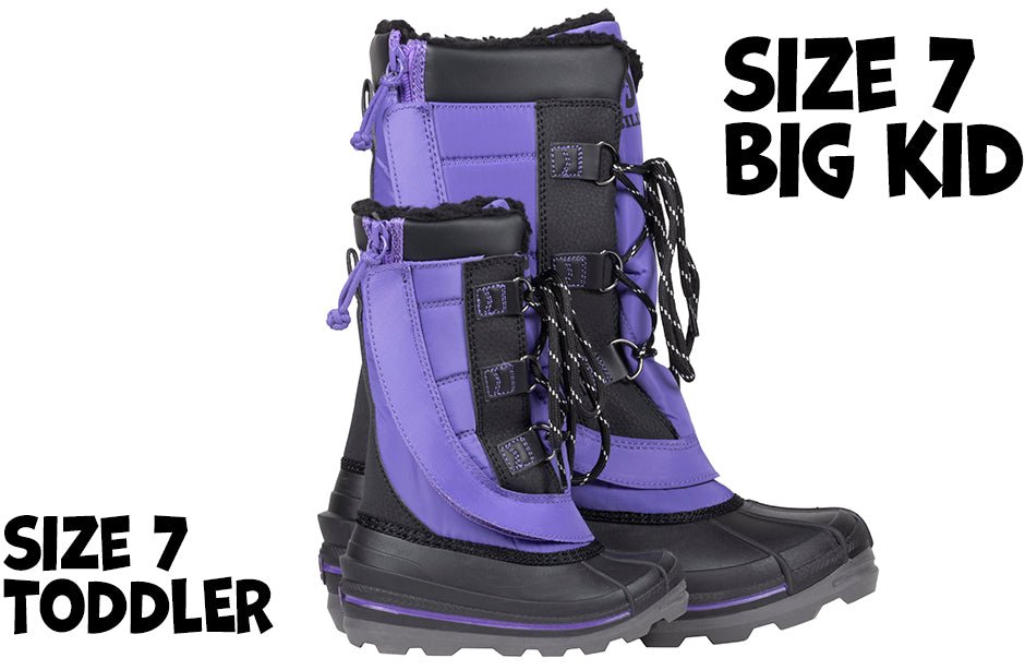 Purple BILLY Ice Winter Boots for kids, insulated for warmth, suitable for diabetes, plantar fasciitis, bunions, and wide feet.