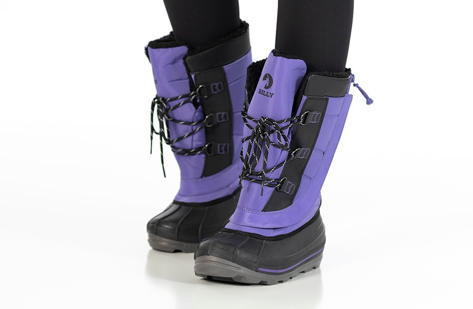 Purple BILLY Ice Winter Boots for cold weather, suitable for diabetes, plantar fasciitis, bunions, wide feet, wheelchair use.