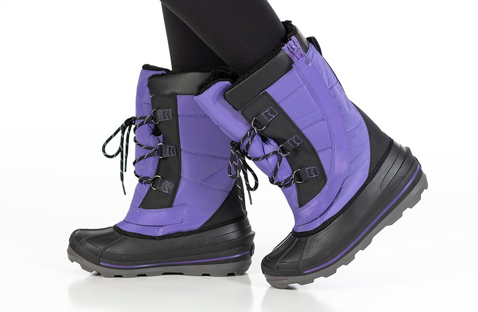 Purple BILLY Ice Winter Boots for wide feet, diabetic and plantar fasciitis-friendly, perfect for orthotics and wheelchair use.