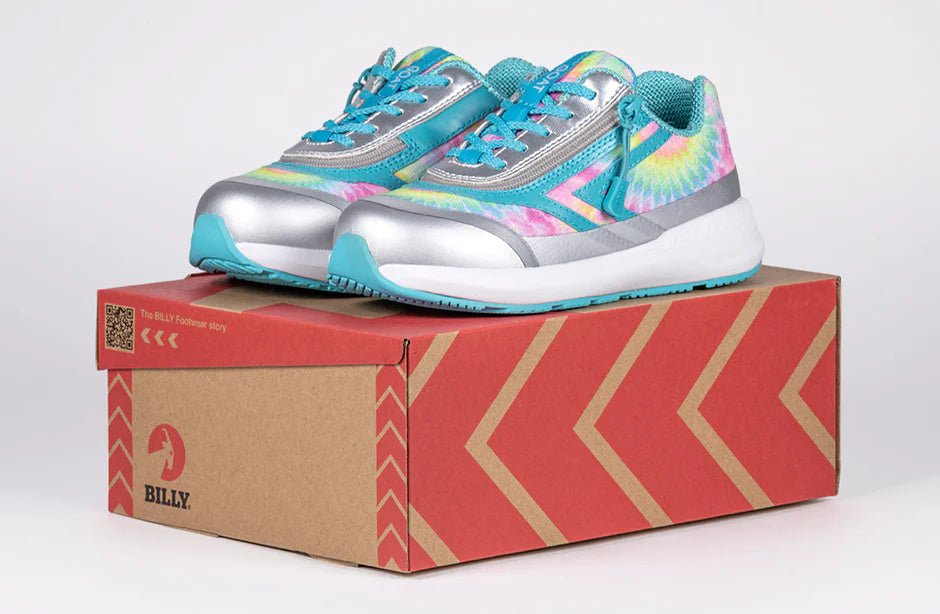 Rainbow Tie Dye AFO-friendly shoes with short wrap zipper on BILLY box, ideal for diabetes, plantar fasciitis, bunions, orthotics.