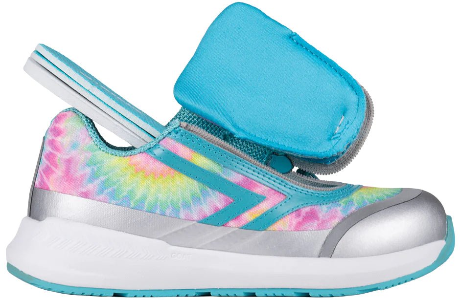 Rainbow Tie Dye BILLY Goat AFO-Friendly Shoe with easy zipper, ideal for diabetes, plantar fasciitis, bunions, and wide feet support.
