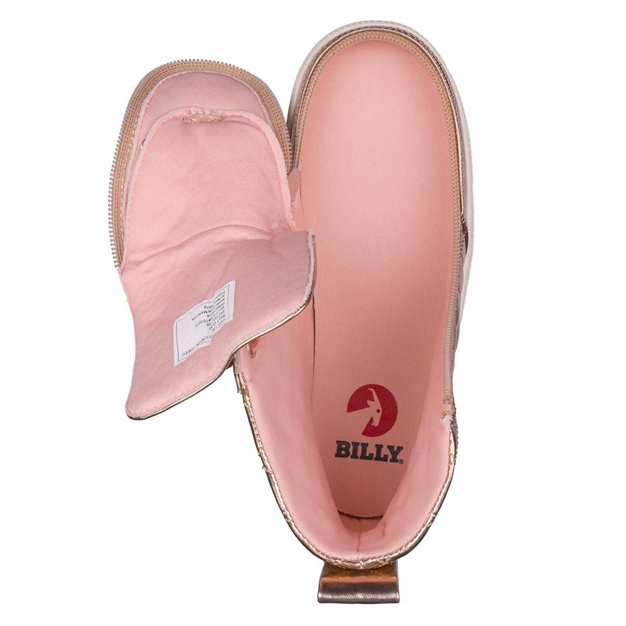 Rose Gold BILLY Quilt High Tops with zippered opening, suitable for diabetes, plantar fasciitis, bunions, wide feet, orthotics, wheelchair use.
