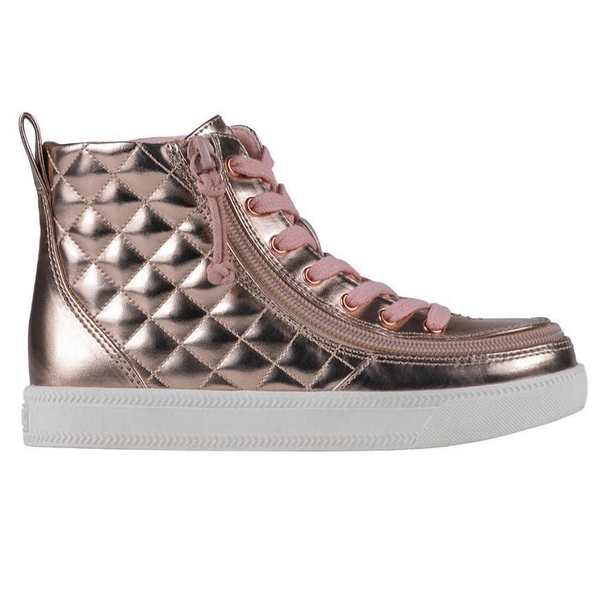 Rose Gold BILLY Quilt High Tops, suitable for diabetes, plantar fasciitis, bunions, wide feet, wheelchair use, and orthotics.
