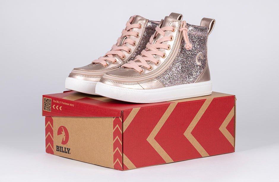 Rose Gold Unicorn BILLY Classic Lace High Tops with easy wraparound zippers and glitter design, ideal for wide and orthotic-friendly fit.