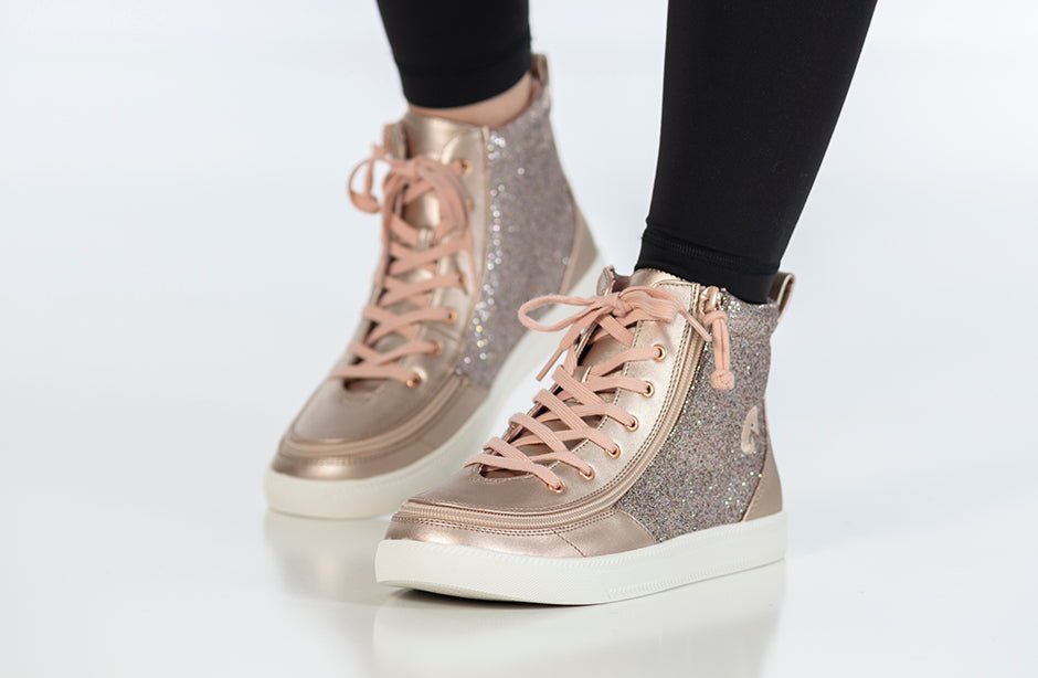 Rose Gold V2 Unicorn BILLY Classic Lace Highs with zipper, suitable for diabetes, plantar fasciitis, bunions, wide feet, and orthotics.