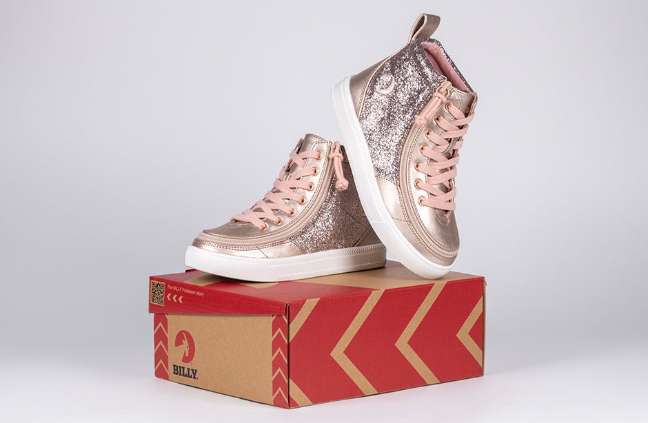 Rose Gold V2 Unicorn BILLY Classic Lace High Tops on box, shoes for diabetes and plantar fasciitis, easy zip for wheelchair use.