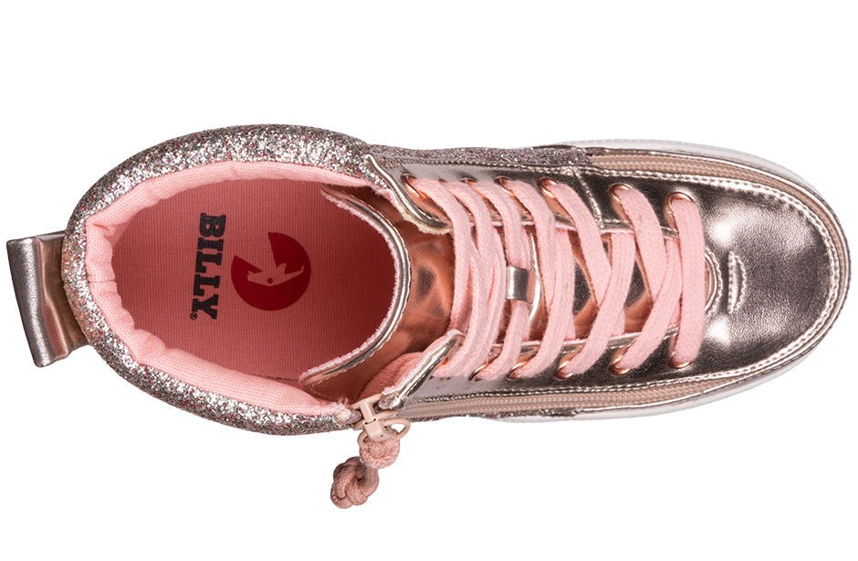 Top view of Rose Gold Unicorn BILLY Classic Lace High Tops with wraparound zipper, ideal for orthotics and wide feet support.