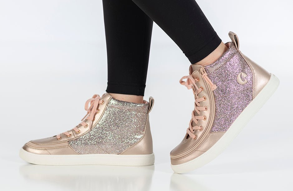 Rose Gold Unicorn BILLY Classic Lace High Tops with zipper, ideal for diabetes, plantar fasciitis, bunions, and orthotics-friendly