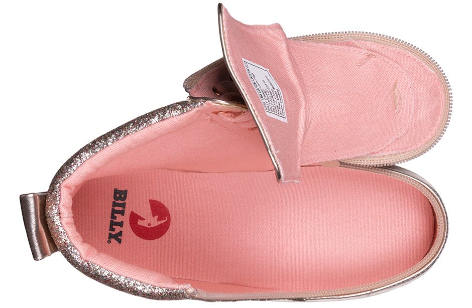 Top view of opened Rose Gold V2 Unicorn BILLY Classic Lace Highs, featuring easy-access wraparound zipper and cushioned insole for comfort.