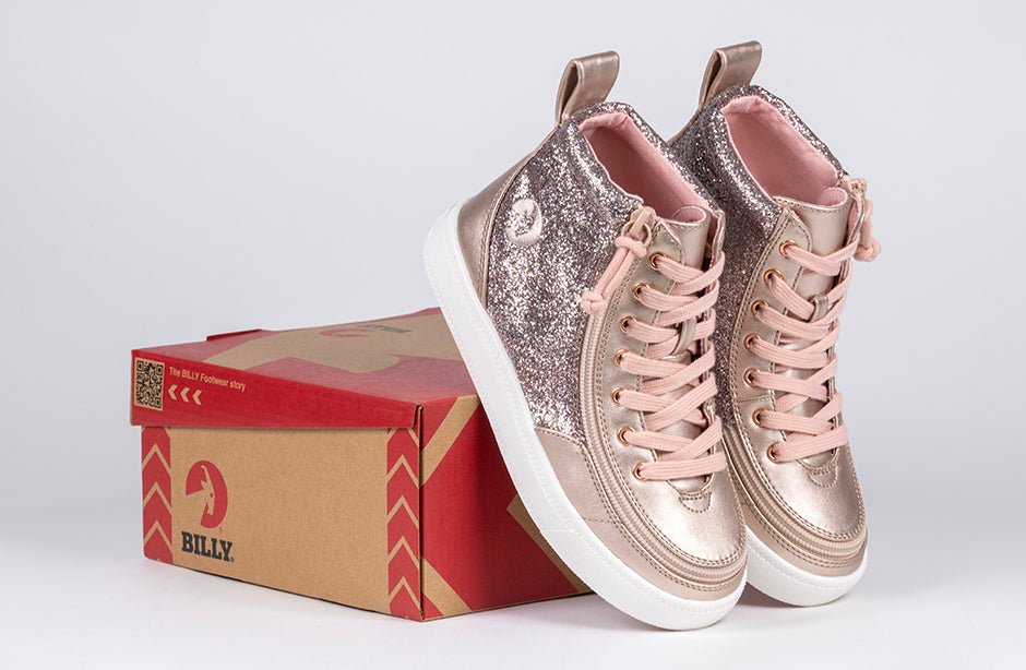 Rose Gold V2 Unicorn BILLY Classic Lace High Tops with zipper, ideal for diabetes, plantar fasciitis, bunions, and orthotics.
