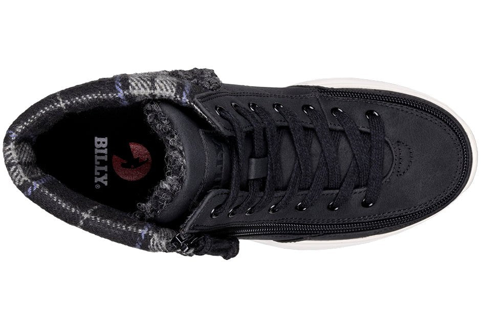 Top view of Women's Black BILLY Comfort Cuffs High Top shoes with fur collar, suitable for wide feet, bunions, and orthotics.