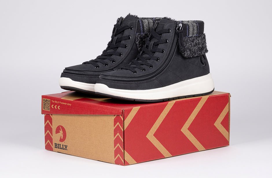 Women's Black BILLY Comfort Cuffs high tops on box, perfect for plantar fasciitis, bunions, wide feet, orthotics, and wheelchair use.
