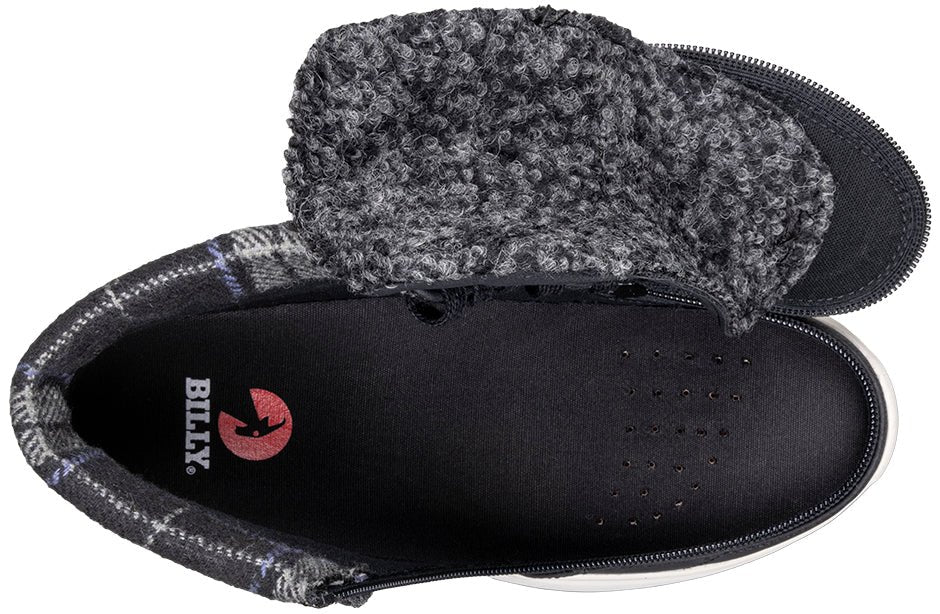 Top view of Women's Black BILLY Comfort Cuffs shoes with soft fur collar and plaid flannel design. Ideal for diabetics and plantar fasciitis sufferers.