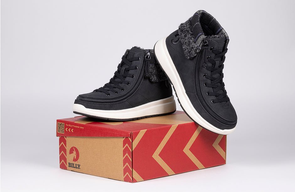 Women's Black BILLY Comfort Cuffs High Tops on box, flannel, faux suede, fur collar, ideal for diabetes, plantar fasciitis, bunions.