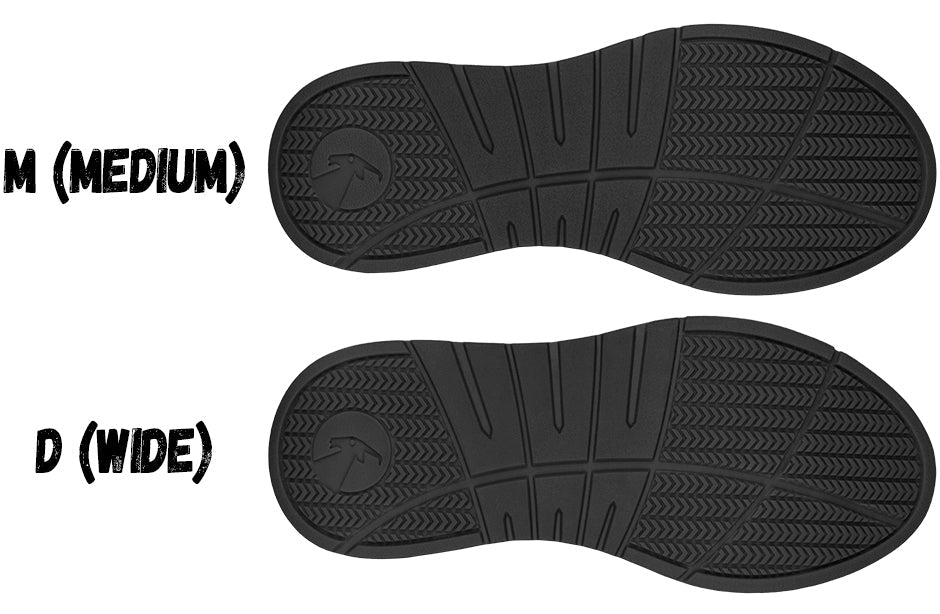 Shoe outsole comparison showing medium and wide widths for Women's Black BILLY Comfort Cuffs, ideal for wide feet and orthotic use.