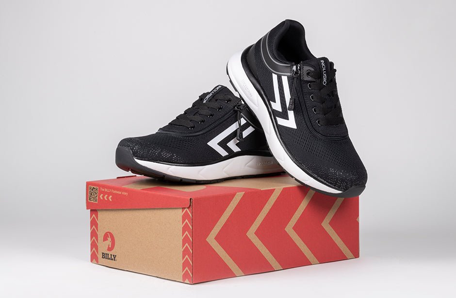 Women's Black/White BILLY Sport Inclusion Too Athletic Sneakers, shoes for diabetic and plantar fasciitis support, on shoe box.
