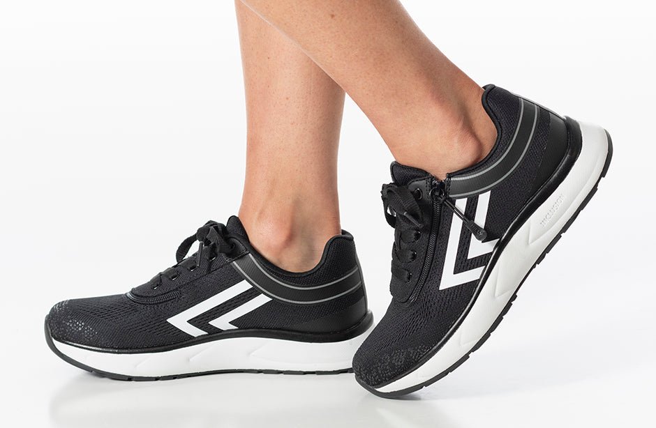 Women's Black/White Athletic Sneakers for diabetes, plantar fasciitis, bunions, wide feet, wheelchair use, and orthotics.