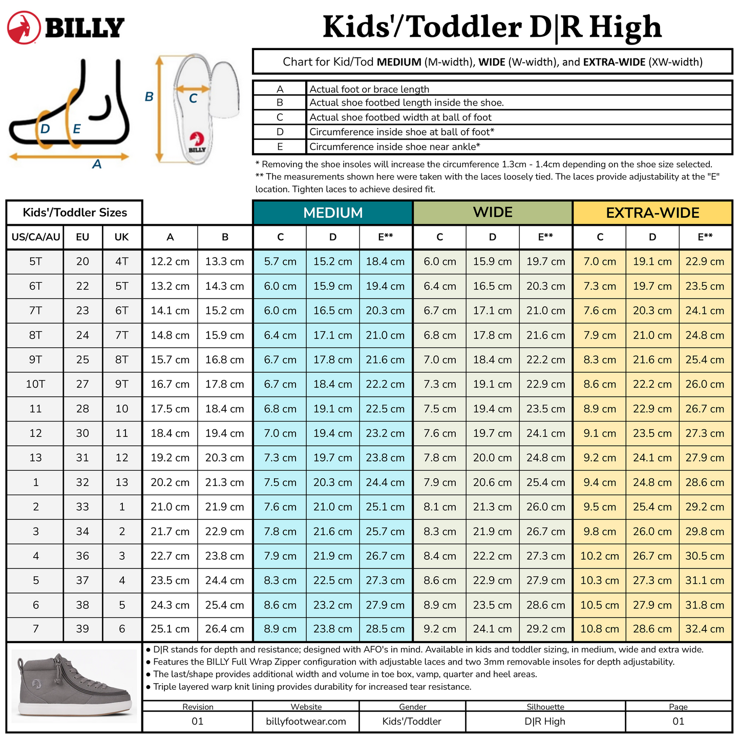 Size chart for FINAL SALE - Silver Streak BILLY Classic D|R High kids/toddler shoes with US/UK/EU sizes, foot length/width (centimeters), medium/wide/extra-wide fit, fit instructions, AFO-friendly info, diagram, and image of a shoe.