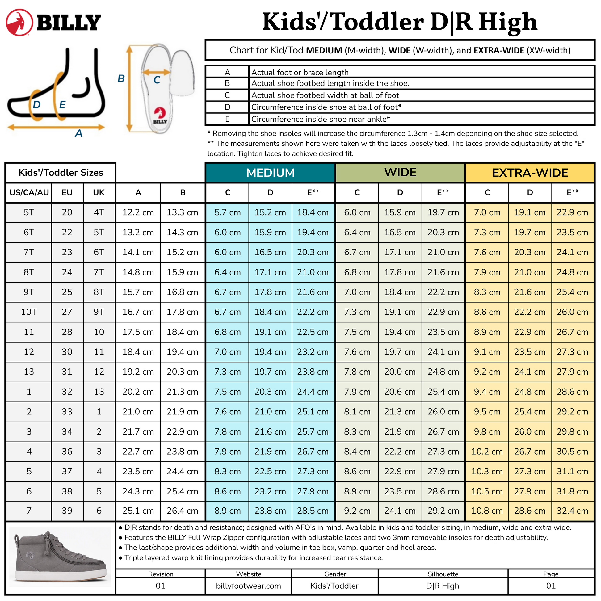Size chart for FINAL SALE - Silver Streak BILLY Classic D|R High kids/toddler shoes with US/UK/EU sizes, foot length/width (centimeters), medium/wide/extra-wide fit, fit instructions, AFO-friendly info, diagram, and image of a shoe.
