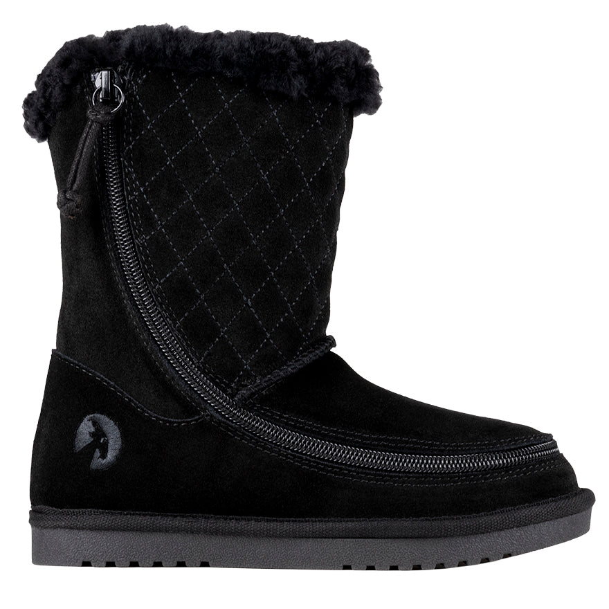 Kid's Black BILLY Cozy Quilt Lux Boots, zipper shoes, like velcro, that are adaptive, accessible, inclusive and use universal design to accommodate an afo. BILLY Footwear is medium and wide width, M, D and EEE, are comfortable, and come in toddler, kids, mens, and womens sizing.