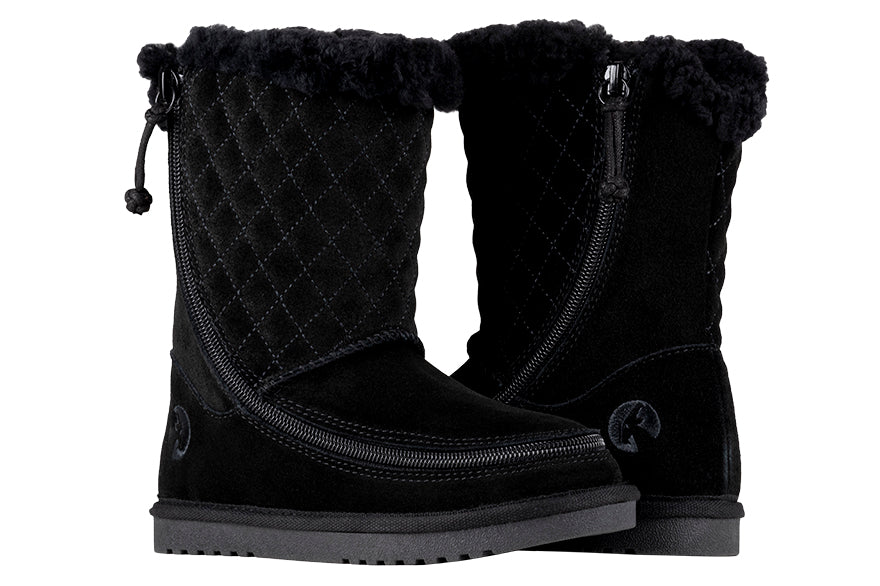 Kid's Black BILLY Cozy Quilt Lux Boots, zipper shoes, like velcro, that are adaptive, accessible, inclusive and use universal design to accommodate an afo. BILLY Footwear is medium and wide width, M, D and EEE, are comfortable, and come in toddler, kids, mens, and womens sizing.