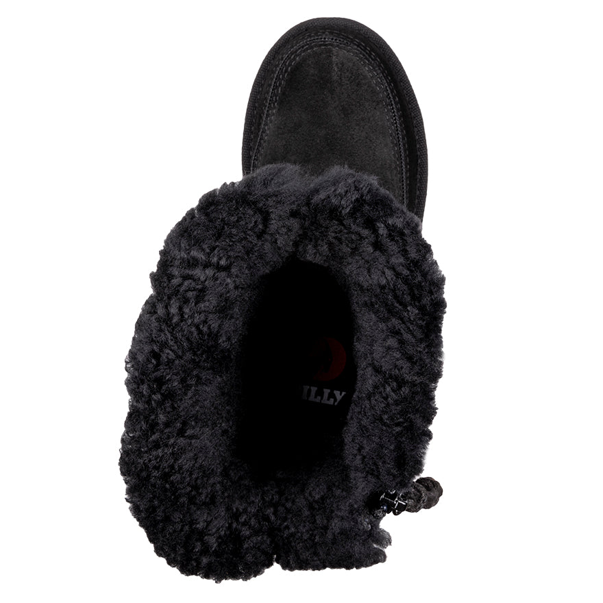 Kid's Black BILLY Cozy Quilt Lux Boots, zipper shoes, like velcro, that are adaptive, accessible, inclusive and use universal design to accommodate an afo. BILLY Footwear is medium and wide width, M, D and EEE, are comfortable, and come in toddler, kids, mens, and womens sizing.