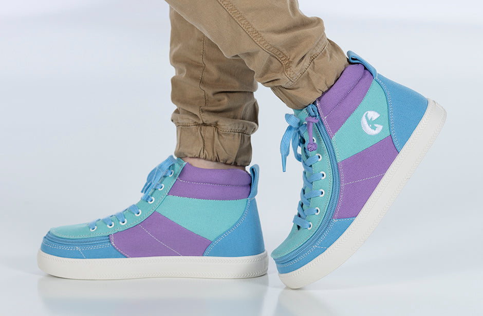 Moon BILLY Street High Tops in blue and purple, featuring functional laces, wraparound zipper, ideal for orthotics and wide feet.