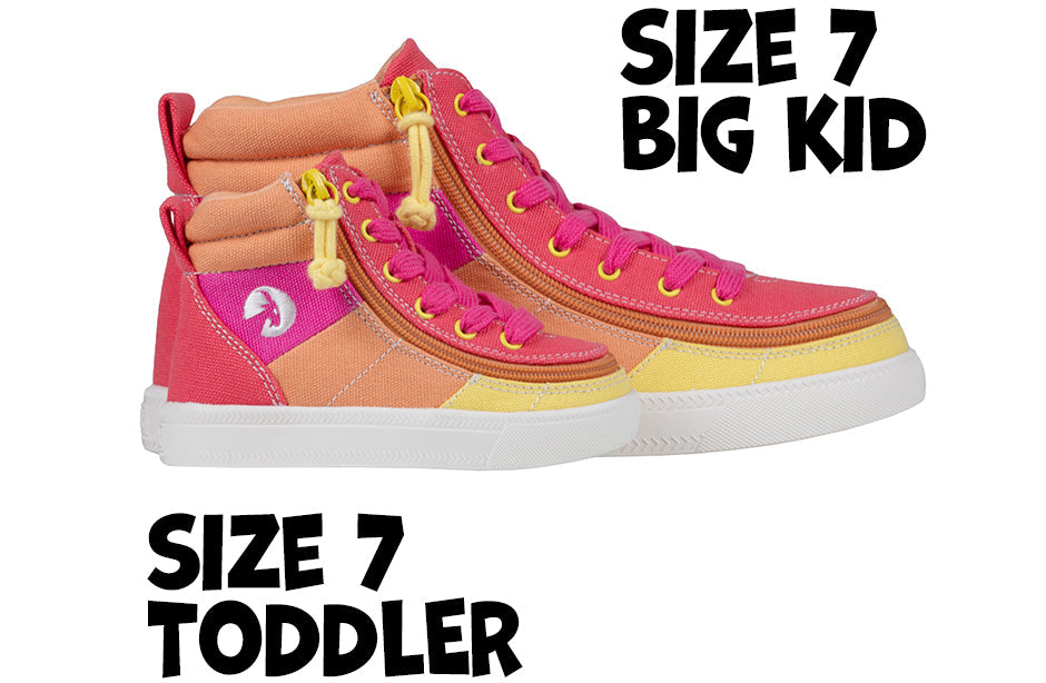 Colorful Sunset BILLY Street High Tops with zipper, suitable for diabetes, plantar fasciitis, bunions, orthotics; size 7 big kid, toddler.