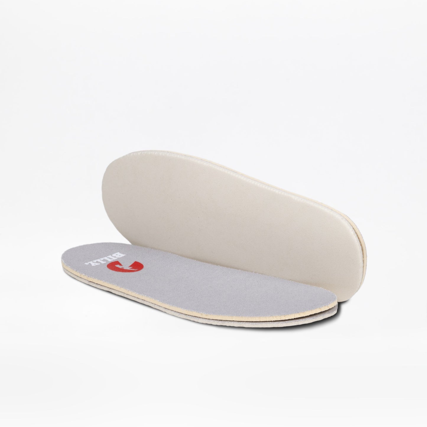 Two light-colored insoles for the Silver Multi Glitter BILLY Classic D|R II High by BILLY Footwear are shown—one flat with a gray top and red logo, the other upright with a beige underside. Both appear cushioned and ideal for AFO-friendly shoes.