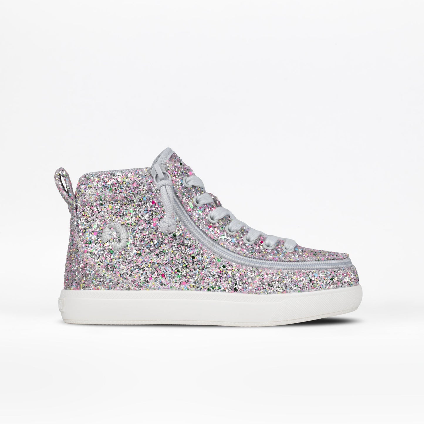 The BILLY Footwear Kids'/Toddler Classic D|R II High in Silver Multi Glitter features pink, silver, and purple glitter, gray laces, a white sole, and a wide toe box for comfort—ideal as kids’ orthotic shoes. Shown on a plain white background.