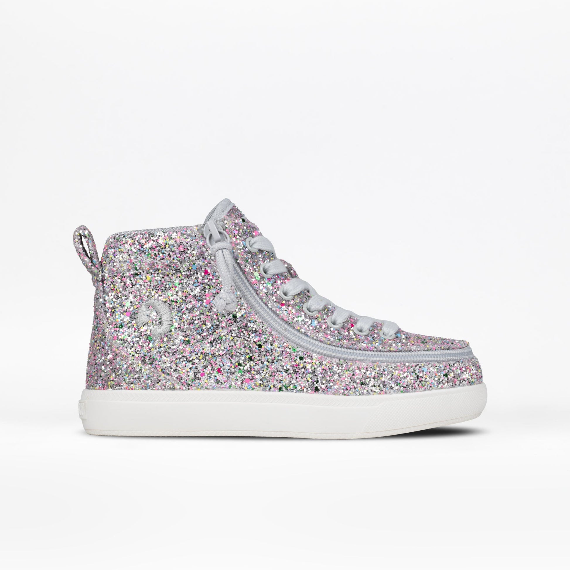 The BILLY Footwear Kids'/Toddler Classic D|R II High in Silver Multi Glitter features pink, silver, and purple glitter, gray laces, a white sole, and a wide toe box for comfort—ideal as kids’ orthotic shoes. Shown on a plain white background.