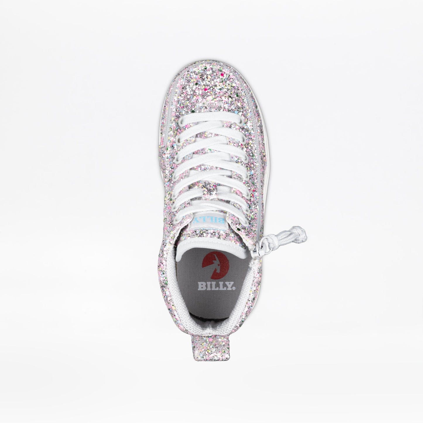 Top view of the Silver Multi Glitter BILLY Classic D|R II High by BILLY Footwear, a kids' adaptive high-top sneaker in multicolored glitter with white laces, circular pull tab, and red BILLY logo insole. Orthotic friendly shoe on white background.