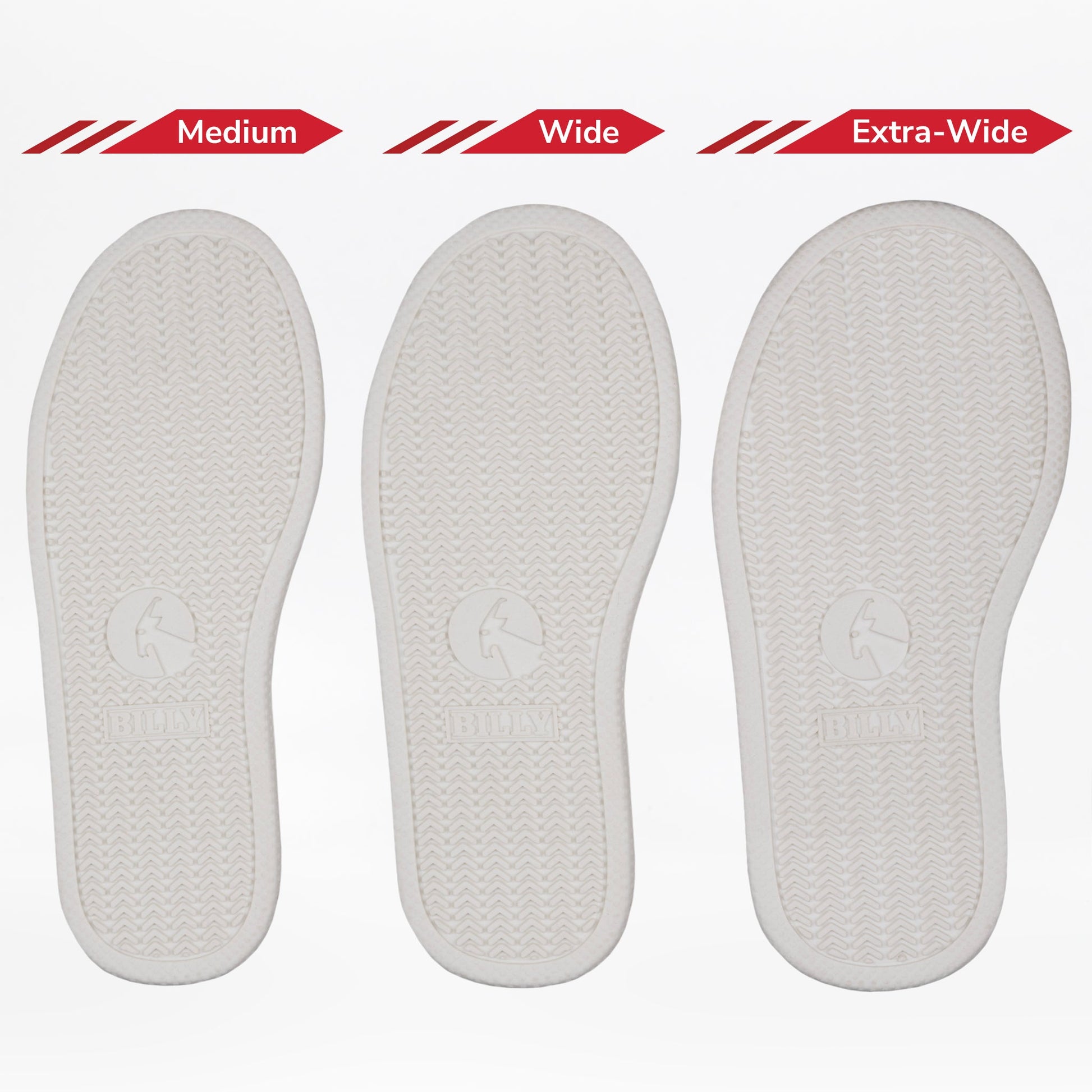 Three white removable insoles for the BILLY Footwear Night Sk8ter BILLY Classic D|R II High are shown side by side, labeled Medium, Wide, and Extra-Wide, clearly illustrating the difference in width for a custom fit.